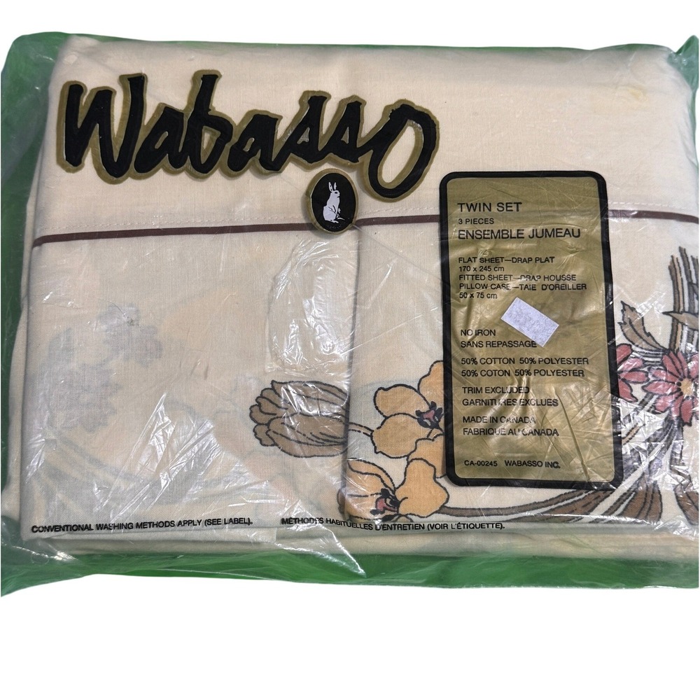 Vintage Wabasso Twin Sheet Set 3pc‎ Floral Retro Yellow Brown Made in Canada NEW
